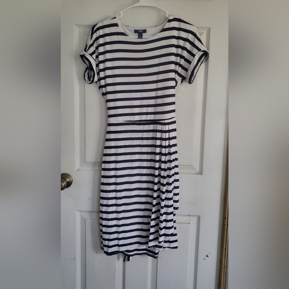 Chaps Women's Navy and White Striped Short Sleeve Dress, Size Smalk